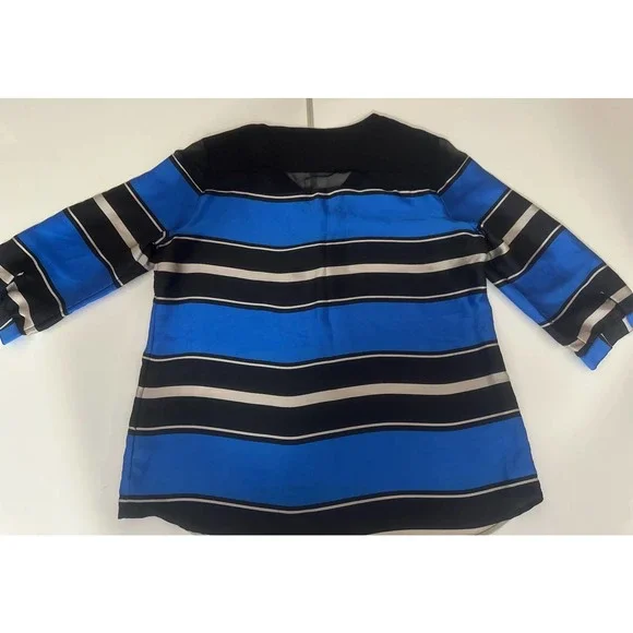 Women L The Limited Blue Black White Horizontal stripes blouse lace shoulder - Picture 6 of 6